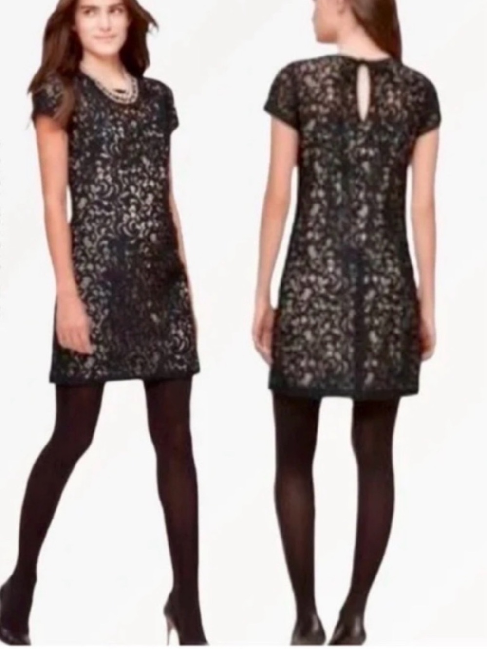 LOFT Petite Black Lace Cocktail Mini Dress with Nude Slip Lining - 00P